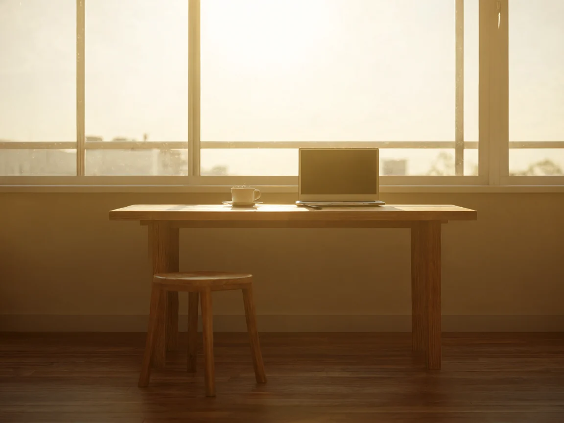 A minimalist wooden desk by a large window at golden hour, with a laptop and a cup of coffee