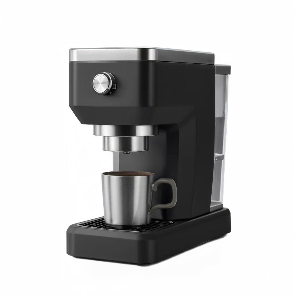 A matte black espresso machine with brushed steel accents