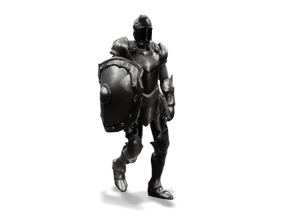 Interactive 3D model of an armored knight with a round shield walking in place