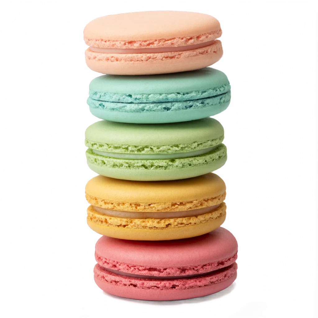 A stack of six pastel-coloured macarons