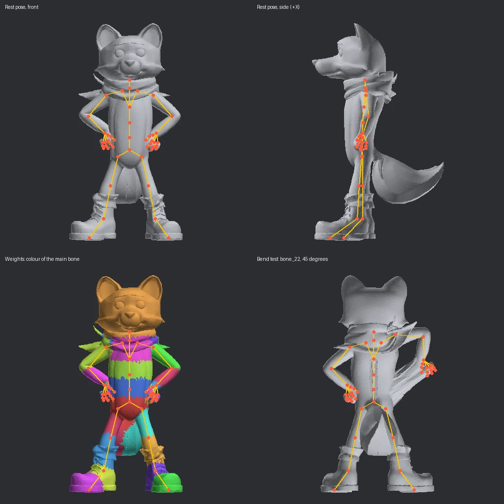 Rig preview of a cartoon fox with its hands on its hips: skeleton, bone colours and a bend test