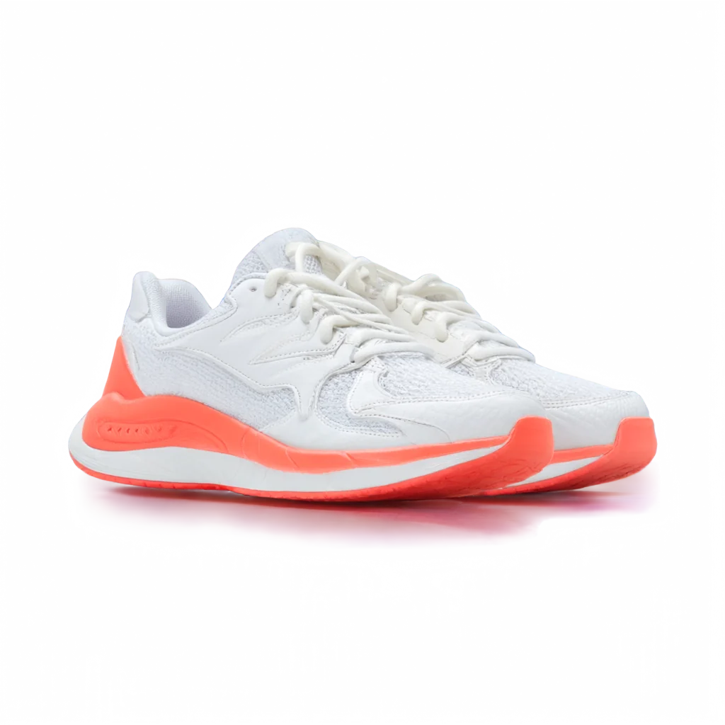 A pair of white running shoes with a coral sole