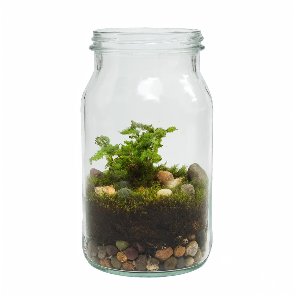 A glass terrarium with moss, pebbles and a small fern
