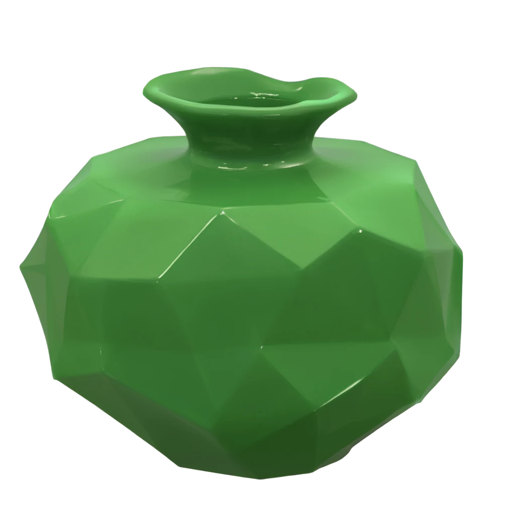 A faceted, low-poly green ceramic vase, made with Create an image
