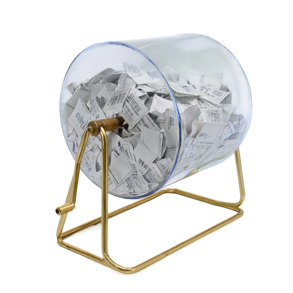 A glass raffle drum full of paper tickets, made with Create an image