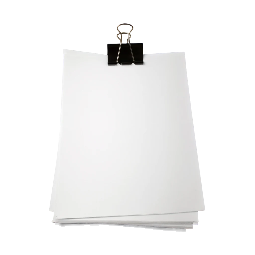 A stack of paper held by a black binder clip, made with Create an image